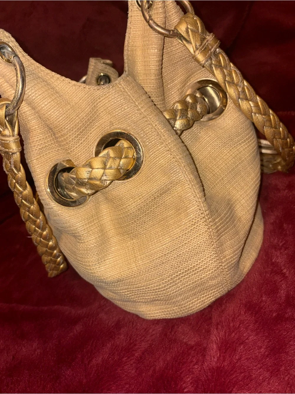Michael Kors Tan Braided Tassel Hobo with Gold-Tone MK Charm- Vintage